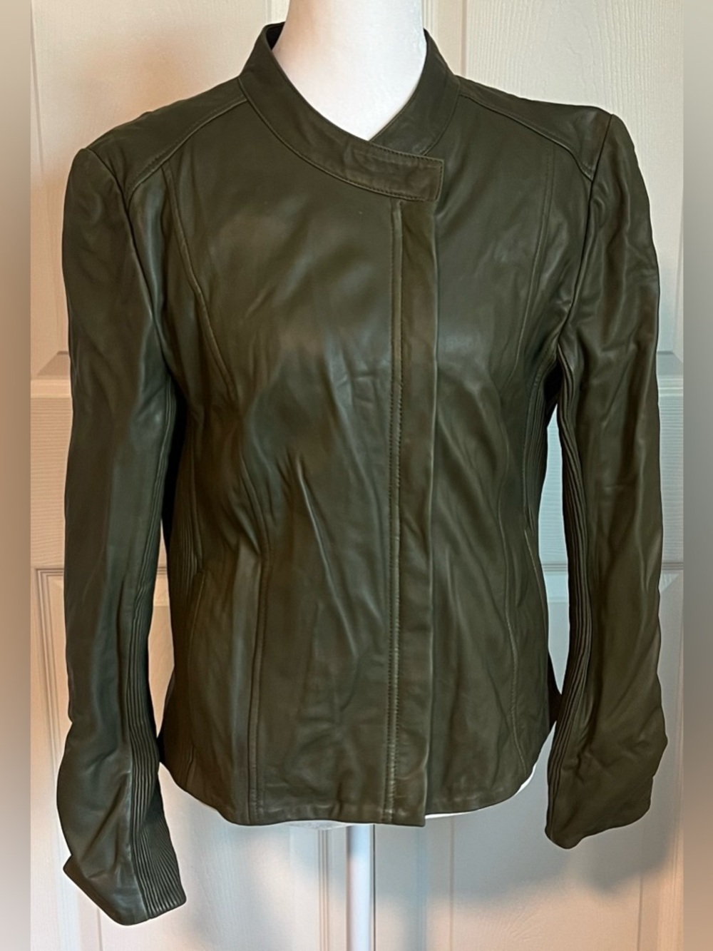 Women's Cole Haan Zip Front Leather Moto Jacket in Dark Olive Green